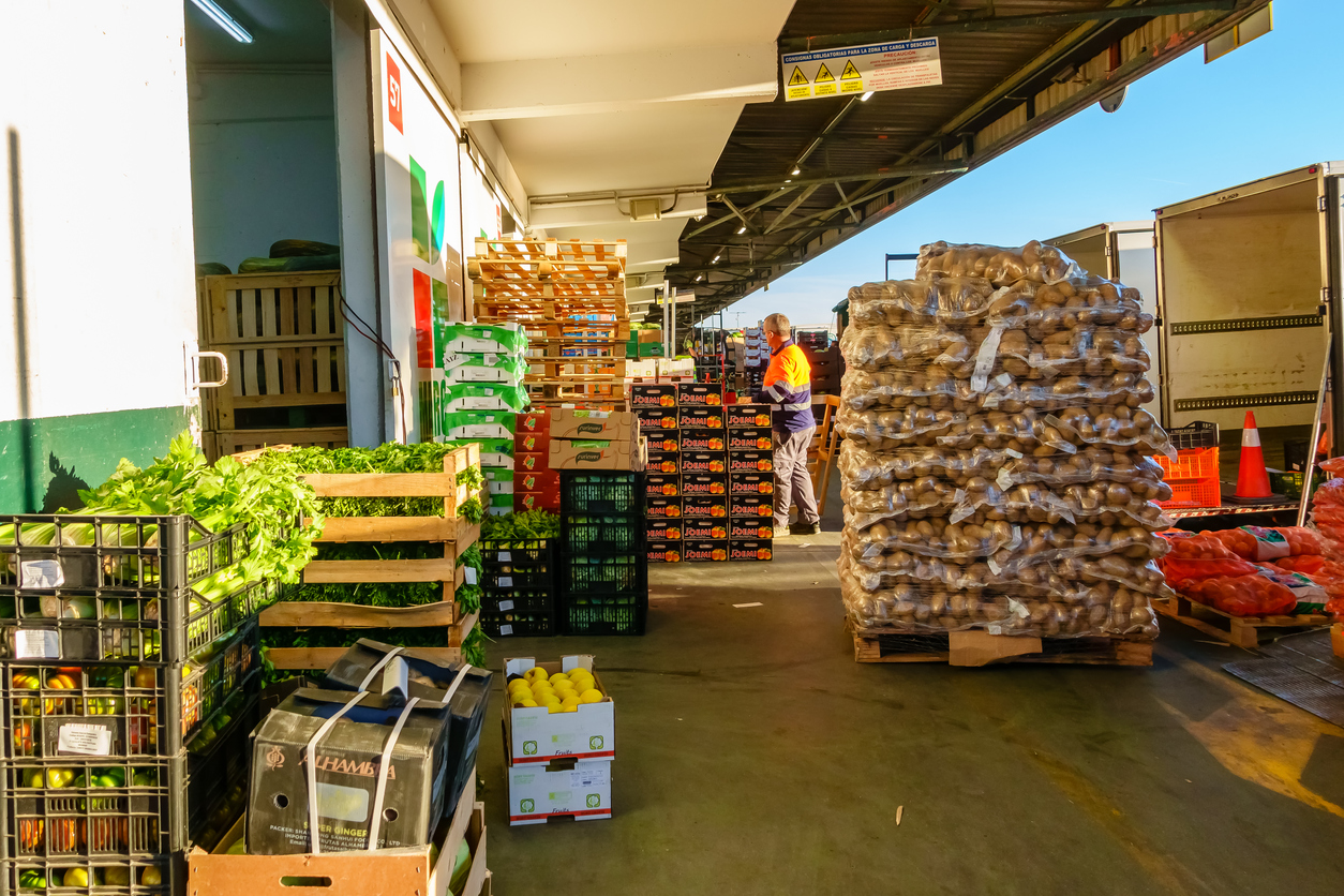 Mercamadrid, Madrid, Spain - June 7, 2022: storage area of the Madrid fruit and vegetable market